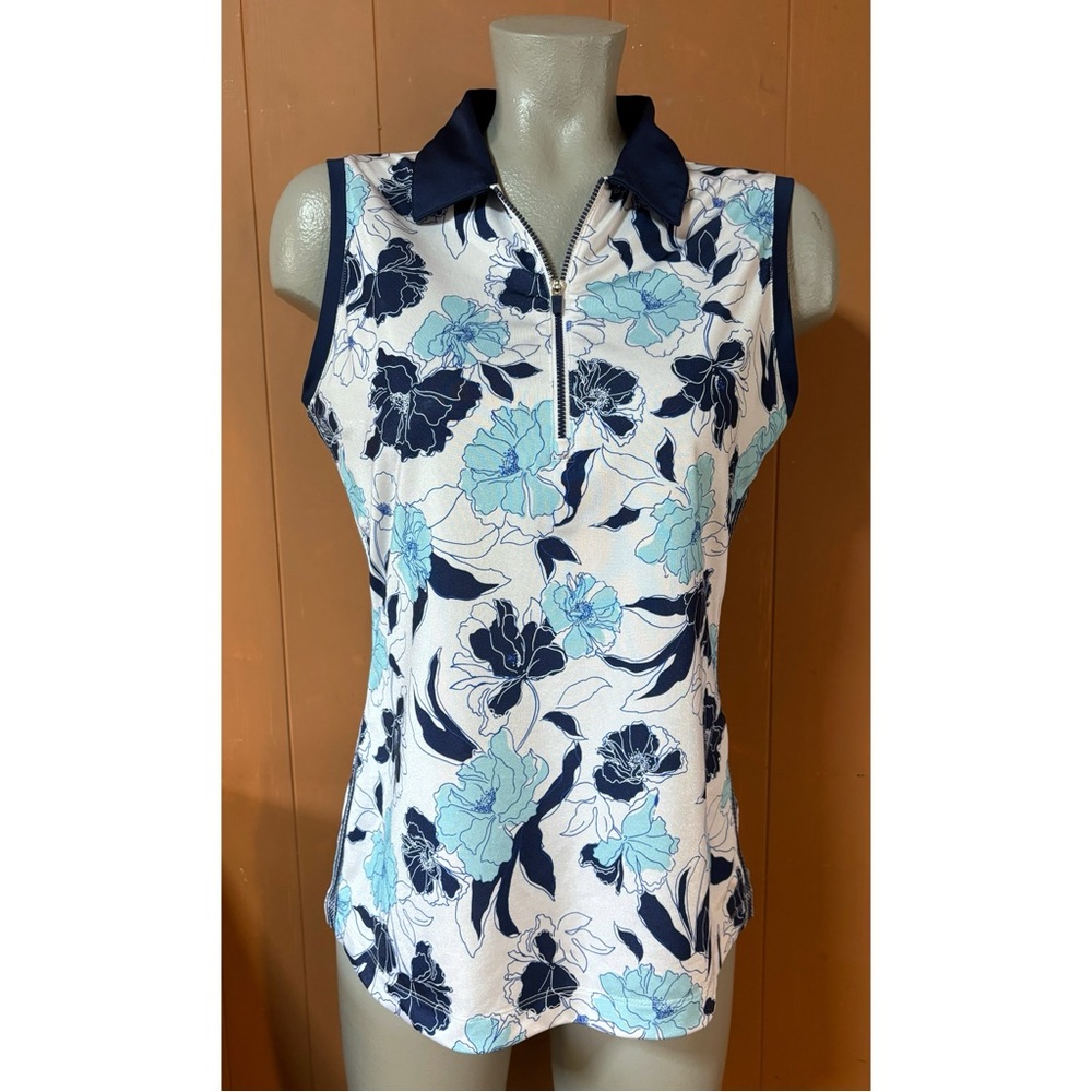 EP Pro Sleeveless Stencil Floral Print Golf Polo Blue & White M
